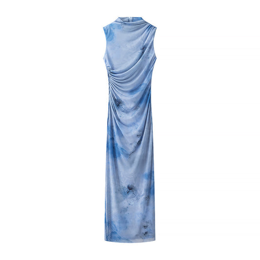 Vestido ajustado plisado sin mangas con estampado floral de malla sexy para mujer de principios de primavera