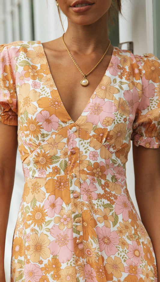 Vestido ajustado de longitud media con cuello en V y mangas abullonadas para mujer, primavera y verano