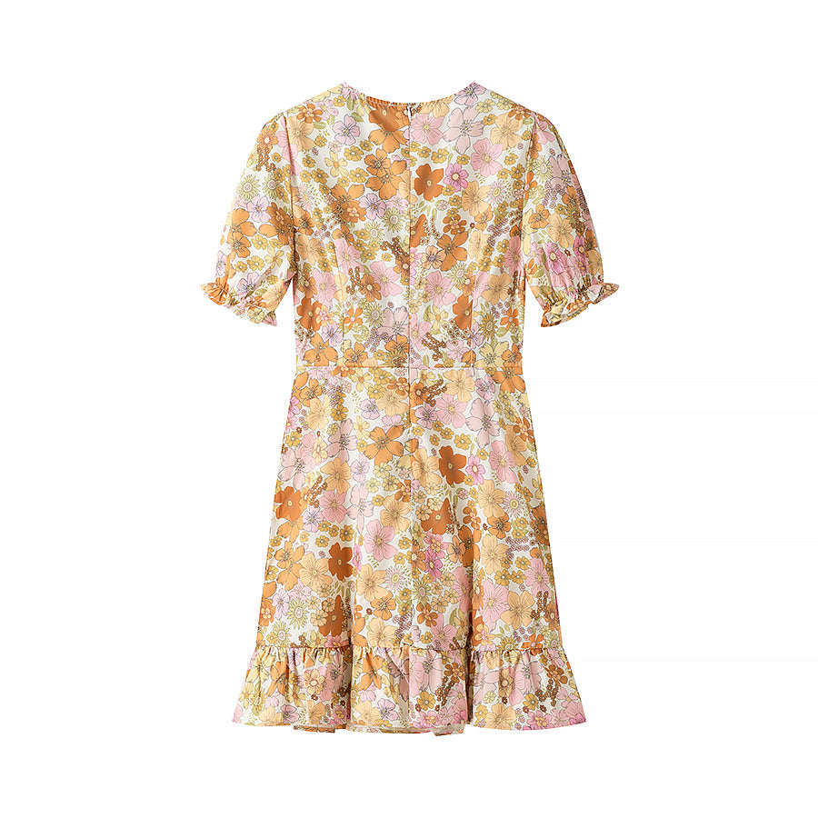 Vestido ajustado de longitud media con cuello en V y mangas abullonadas para mujer, primavera y verano