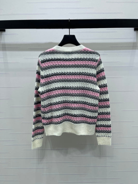 CC 25 Striped Knitted Long-Sleeved Pocket Cardigan White Tencel