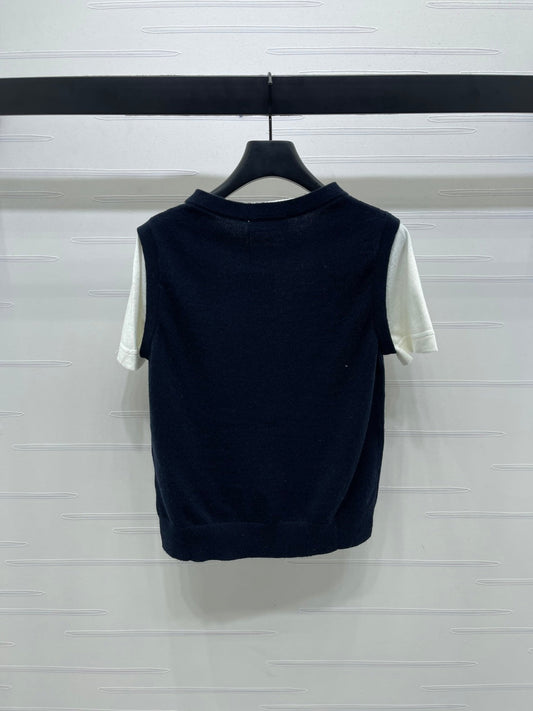 Miumiu Faux Two-Piece Knitted Short-Sleeves Vest Black and White Cashmere