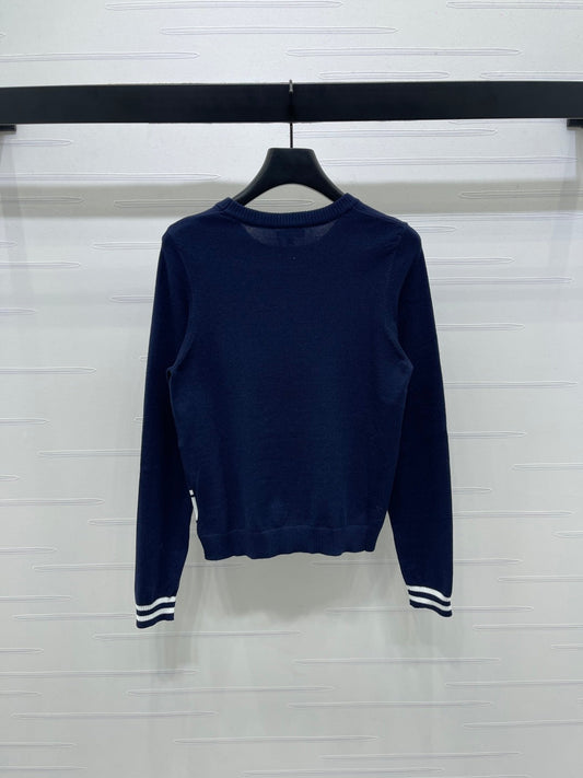 CC 25 Jacquard Double C Logo Pullover Sweater Blue Wool Cashmere