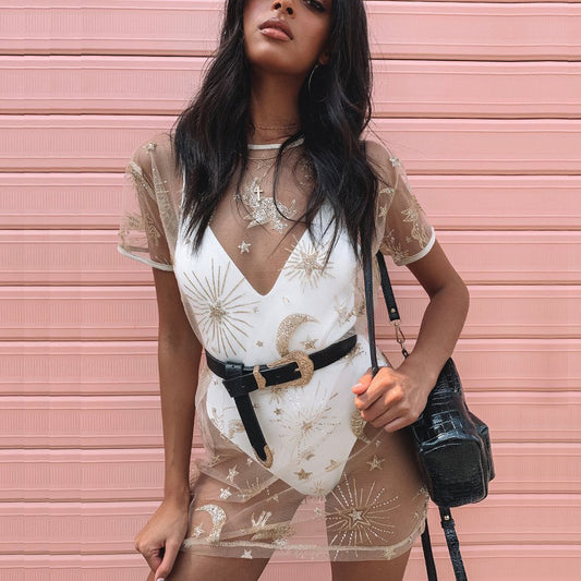 Sexy See through Tulle Sequ Sunscreen T shirt Dress Women