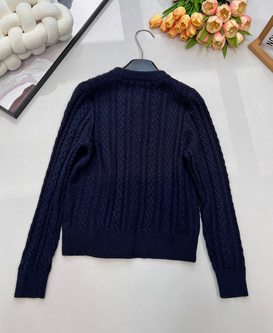 Chanel Cable Knit Crew Neck Cardigan Navy Blue in Wool 799529