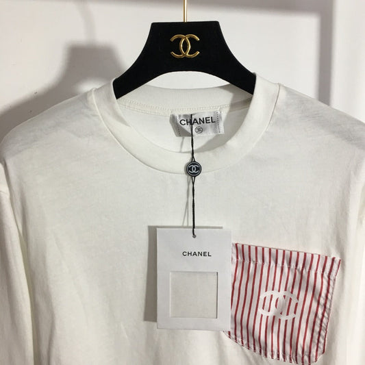 Chanel Striped Color Block Pocket Crew Neck Long Sleeve T-Shirt