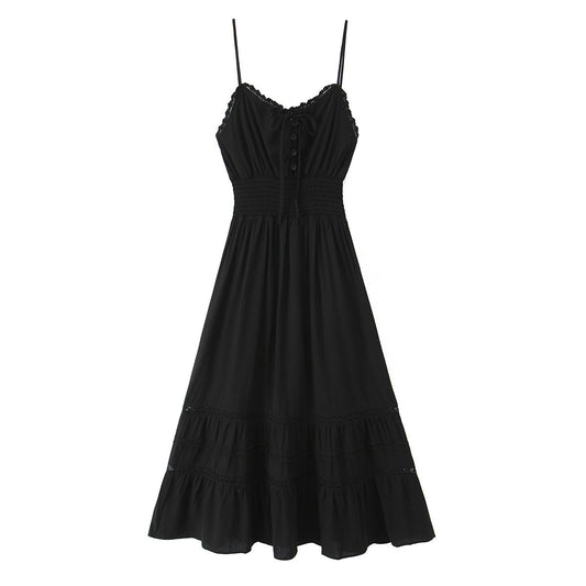 Vestido de primavera vintage sexy con cintura elástica y encaje adelgazante con tirantes finos