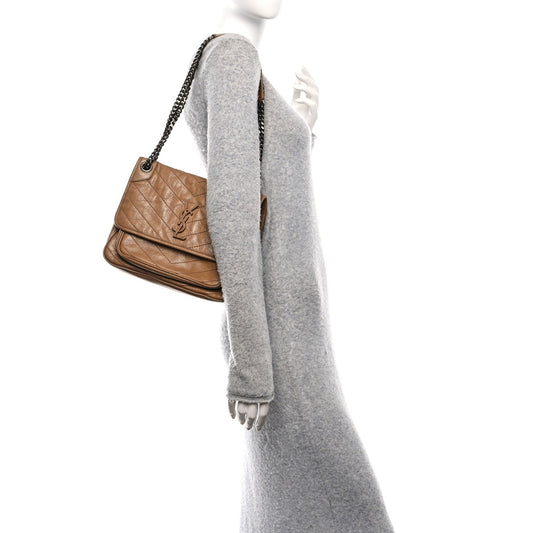 Crinkled Calfskin Matelasse Monogram Medium Niki Chain Satchel Caramel