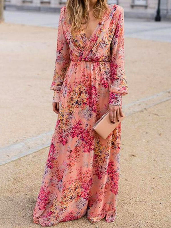 Maxi Dresses Long Sleeves Pink Printed V-Neck Long Dress