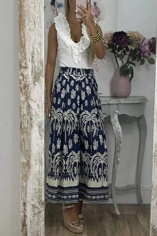 Pantalones anchos de pierna para vacaciones con bolsillo suelto y cintura elástica con estampado único