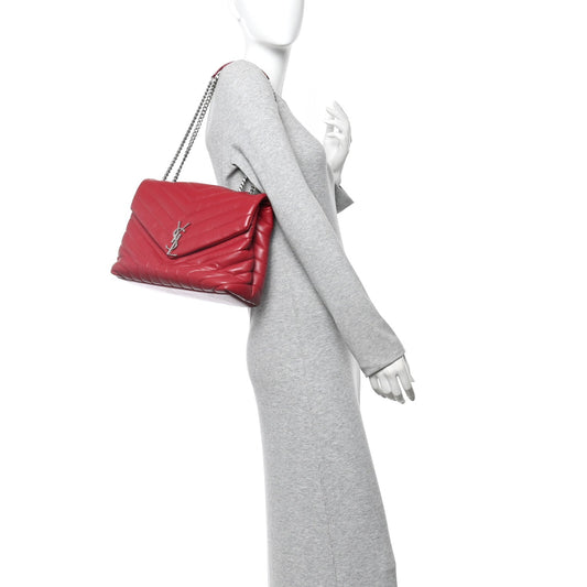 Calfskin Y Quilted Monogram Medium Loulou Chain Satchel Lipstick Red
