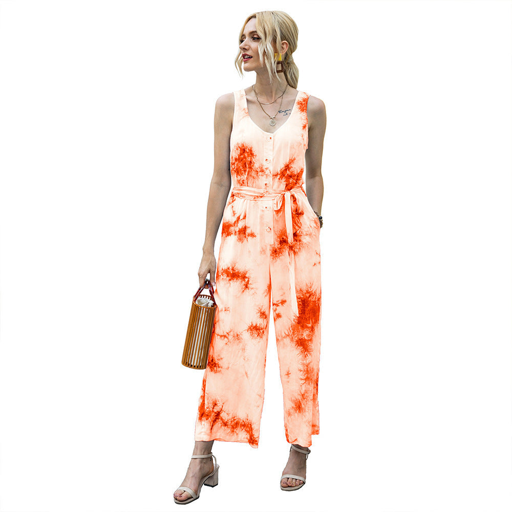 Mono de verano con efecto tie-dye, informal, ajustado a la cintura para mujer