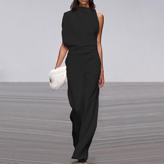 Pantalones de mujer de color liso con un hombro descubierto y cuello alto, mono de vestir popular