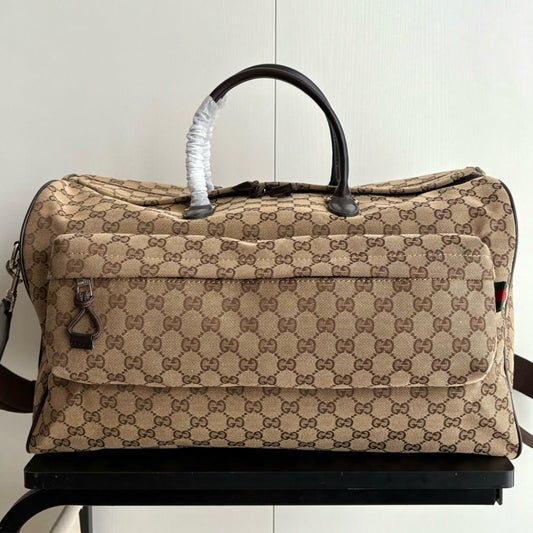 GUCCI MEDIUM GG DUFFLE BAG BEIGE AND DARK BROWN 45CM 800185 FADUJ 9854