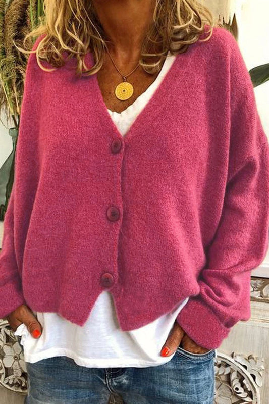 Tops de punto informales de talle medio con cuello en V y parches sólidos (15 colores)