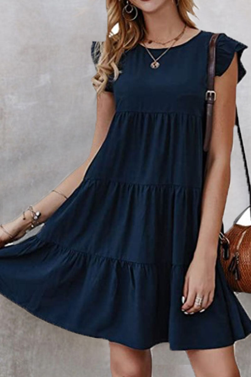 Vestidos de princesa con cuello redondo y volantes de patchwork liso de estilo británico a la moda