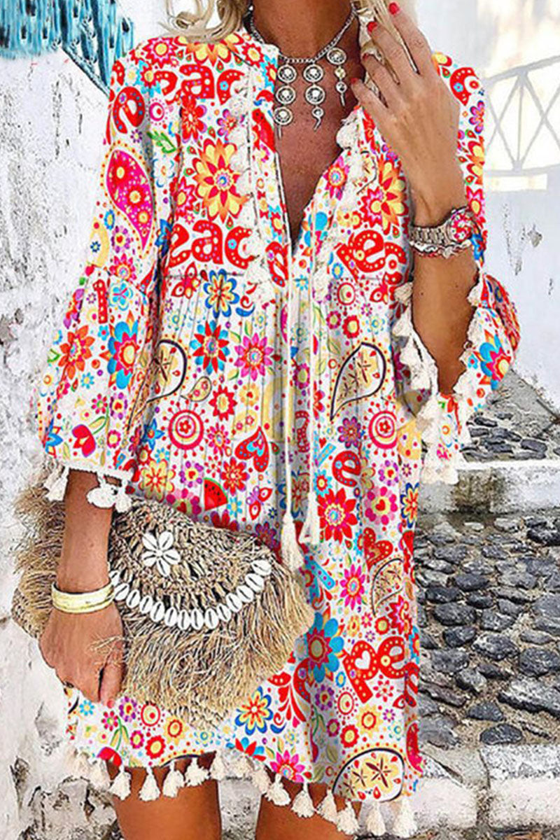 Vestidos midi princesa con cuello en V y borlas con estampado de estilo británico
