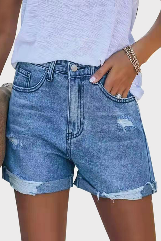 Pantalones cortos vaqueros rectos de cintura media con rotos y diseño de calle (3 colores)