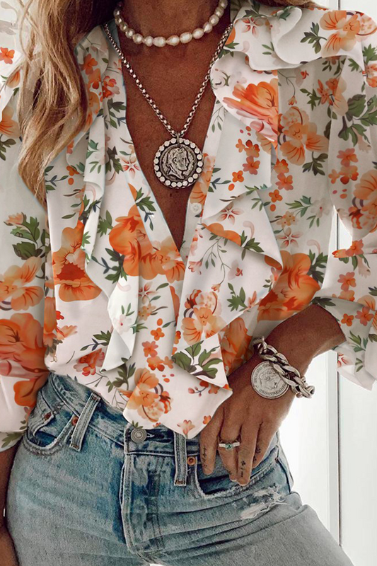 Blusa elegante con cuello en V, volantes y estampado floral y mariposas (6 colores)