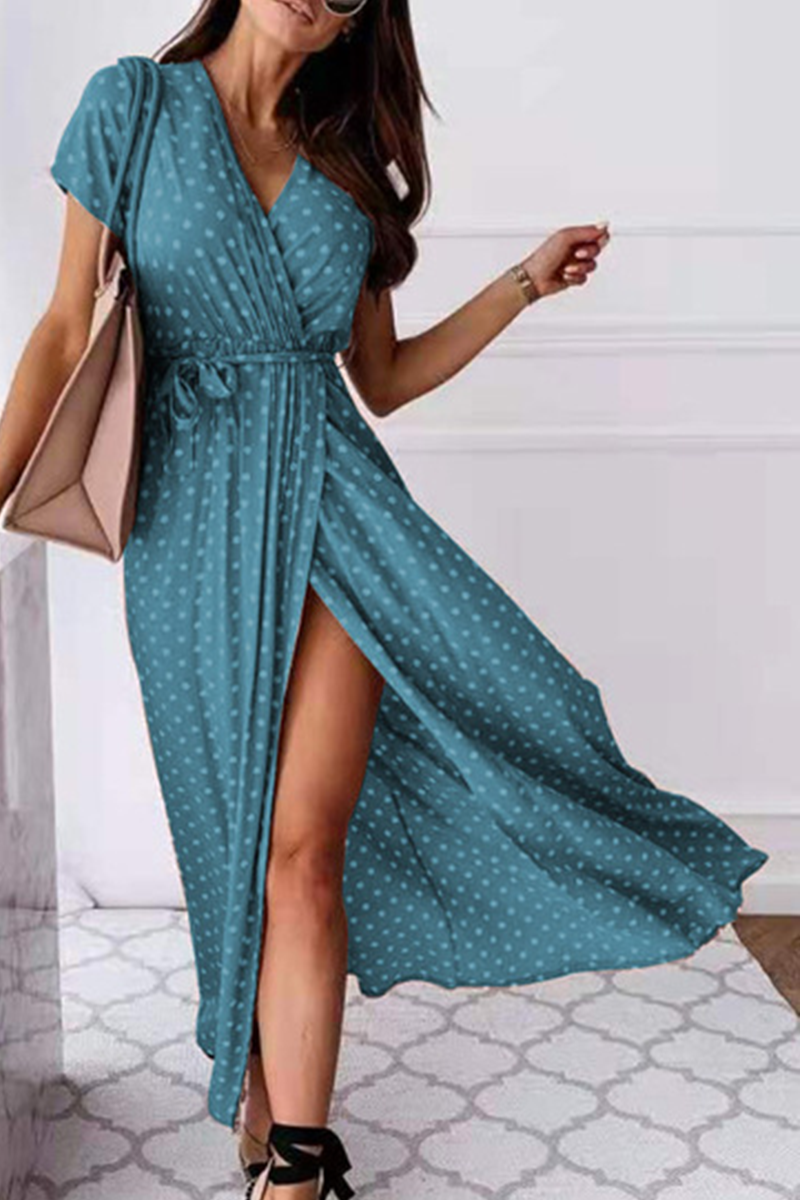 Vestidos elegantes de moda con lunares, abertura en el frenillo y escote en V, corte en A