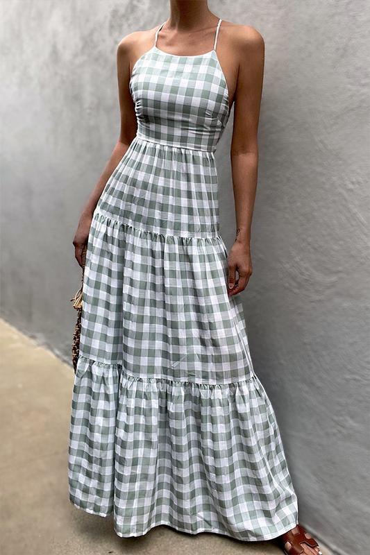 Vestidos casuales de vacaciones con cuello halter, espalda descubierta y frenillo a cuadros