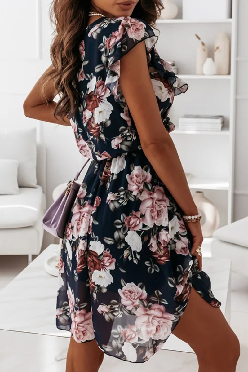 Elegantes vestidos de corte A con cuello redondo y volantes florales
