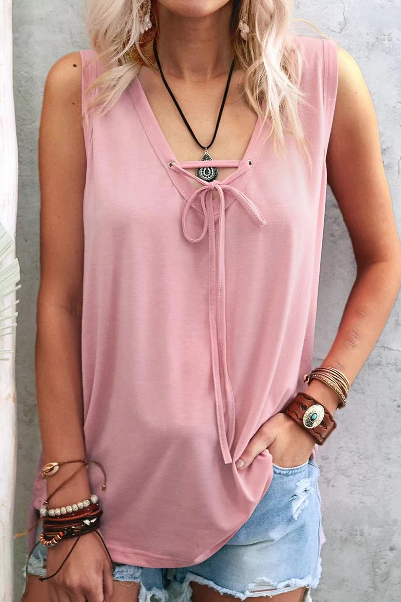 Tops casuales de cuello en V con frenillo liso