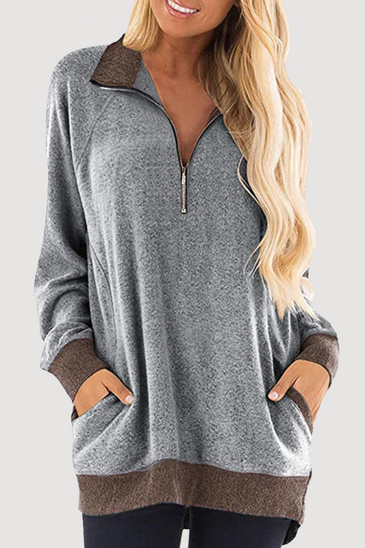 Blusa informal de cuello vuelto con cremallera y bolsillo de patchwork (4 colores)