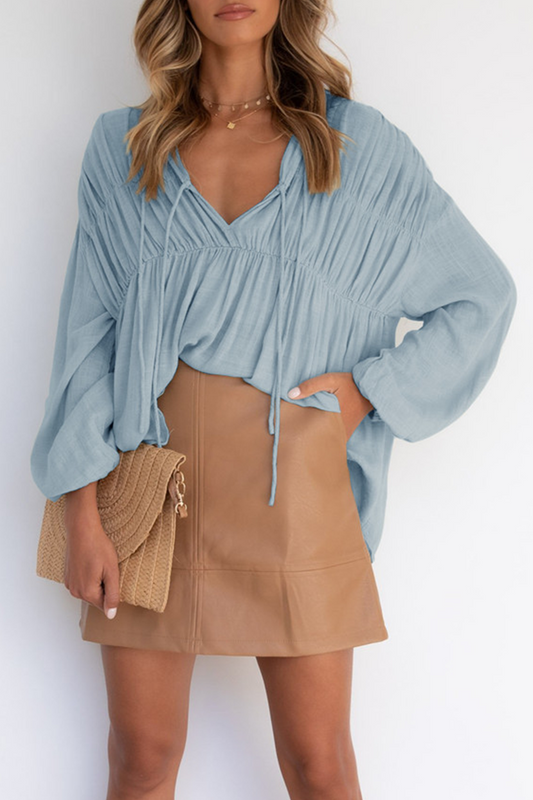 Tops casuales de cuello en V con pliegues de frenillo lisos