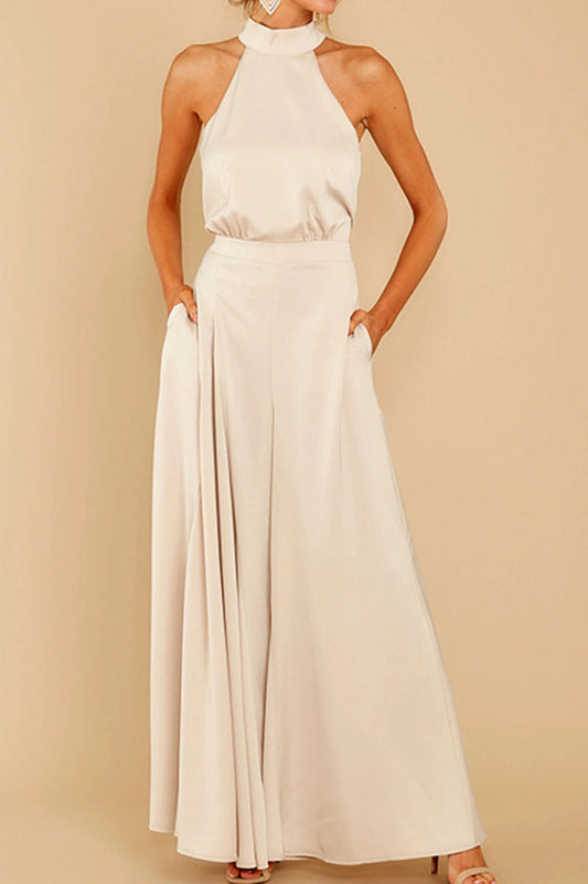Mono holgado informal de moda con cuello halter y parches lisos (5 colores)