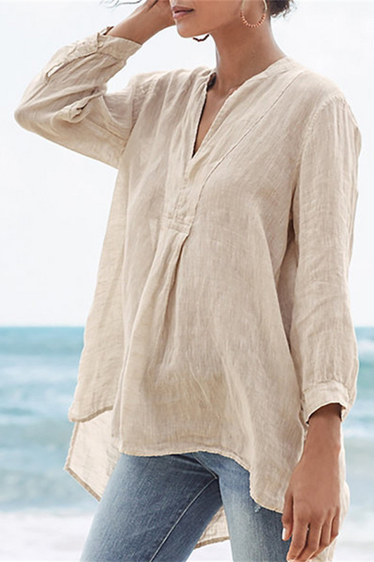Tops casuales de cuello en V con patchwork sólido