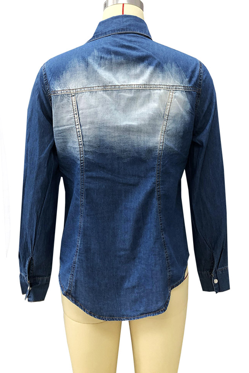 Blusas casuales de cuello vuelto con hebilla y bolsillo de patchwork
