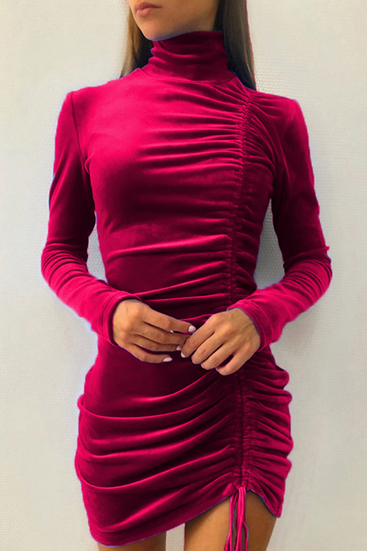 Elegante vestido de falda lápiz con cuello alto y pliegues de patchwork liso (5 colores)
