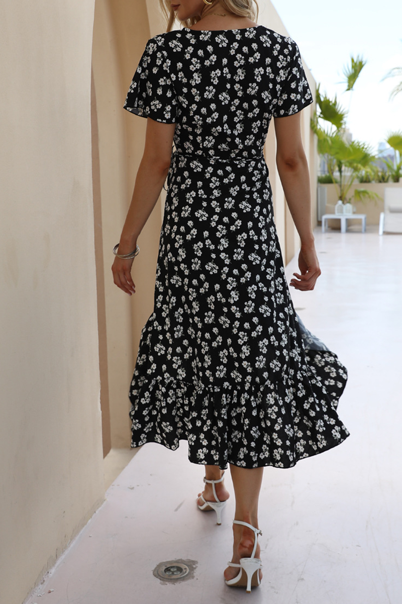 Vestidos elegantes de corte A con escote en V, volantes y frenillo floral (4 colores)