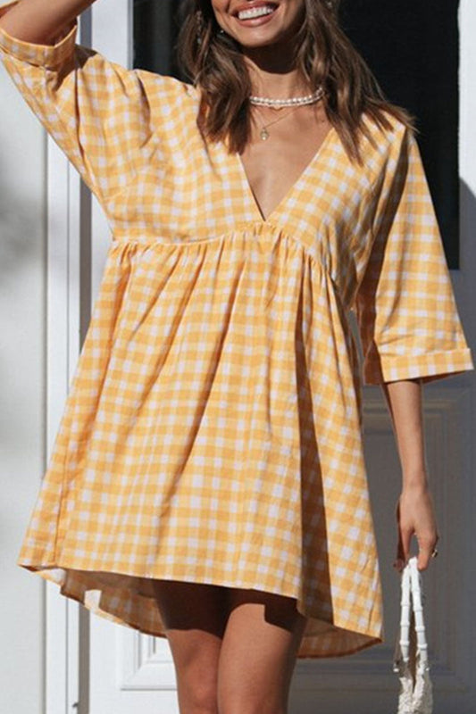 Vestidos princesa informales con cuello en V y patchwork a cuadros