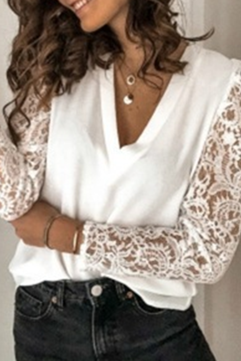 Elegante blusa de encaje liso con escote en V ahuecado (9 colores)
