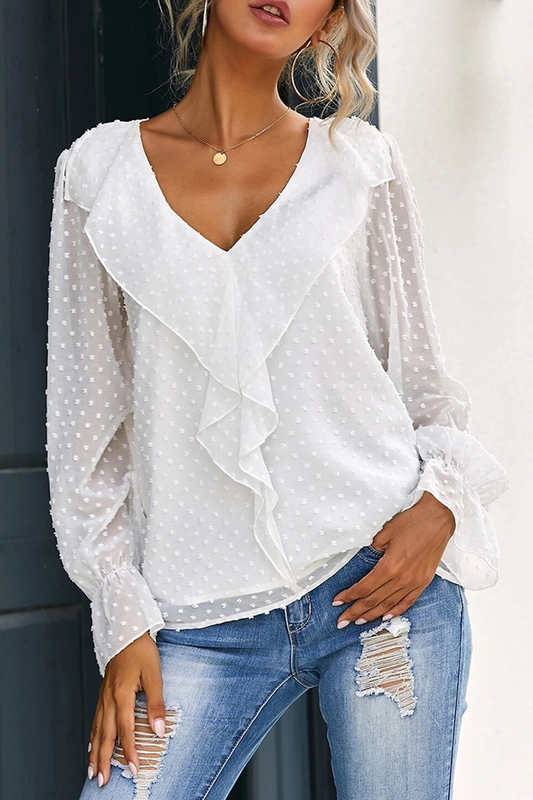 Elegante blusa de cuello en V con volantes y patchwork sólido