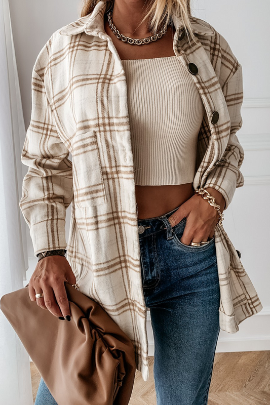 Prenda de abrigo informal vintage con cuello vuelto, hebilla y retazos a cuadros (8 colores)