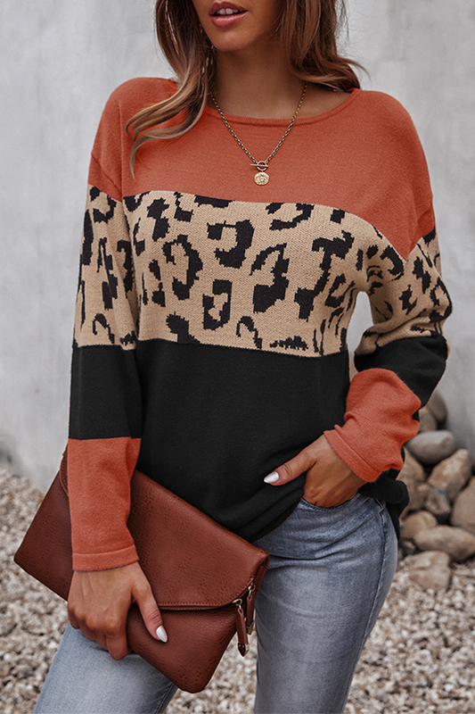 Suéteres casuales de cuello redondo con estampado de leopardo y contraste (4 colores)
