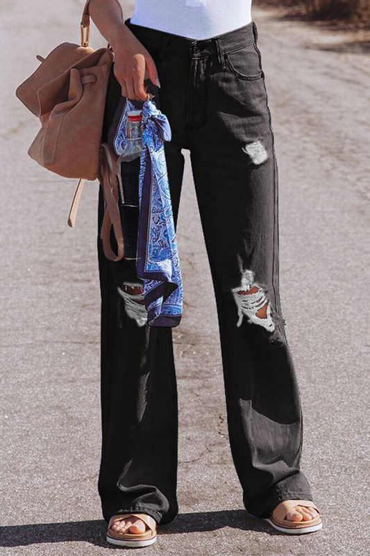 Pantalones de calle lisos, rotos, de cintura media, anchos y rectos (3 colores)