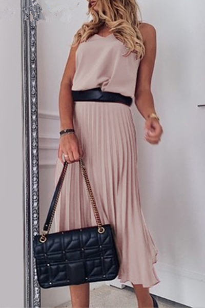 Elegante vestido plisado con escote en V y abertura en la parte superior (sin cinturón) (3 colores)
