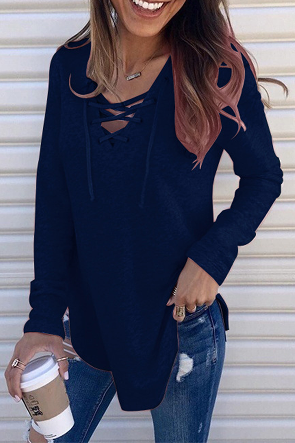 Casual Solid Patchwork Cross Straps V Neck Tops