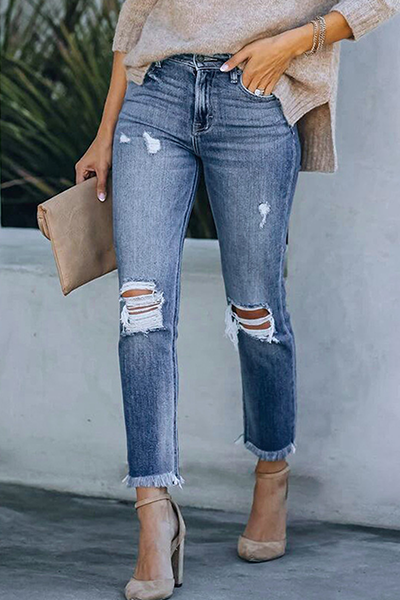 Pantalones casuales de tubo con borlas lisas y rotos