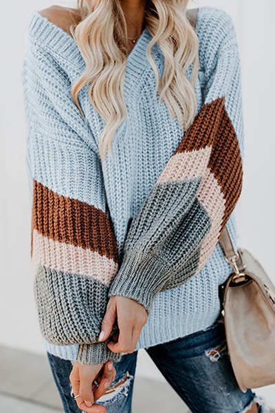 Casual Striped Split Joint Contrast V Neck Tops Sweater