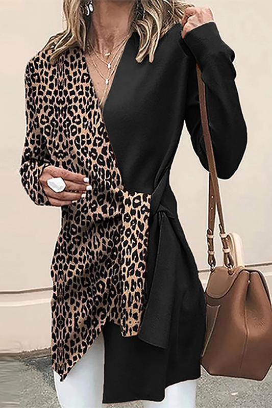 Prenda exterior informal y elegante con cuello en V y diseño de tiras de retazos de leopardo (4 colores)
