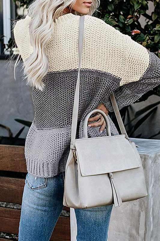 Suéter casual básico de patchwork con cuello redondo y contraste