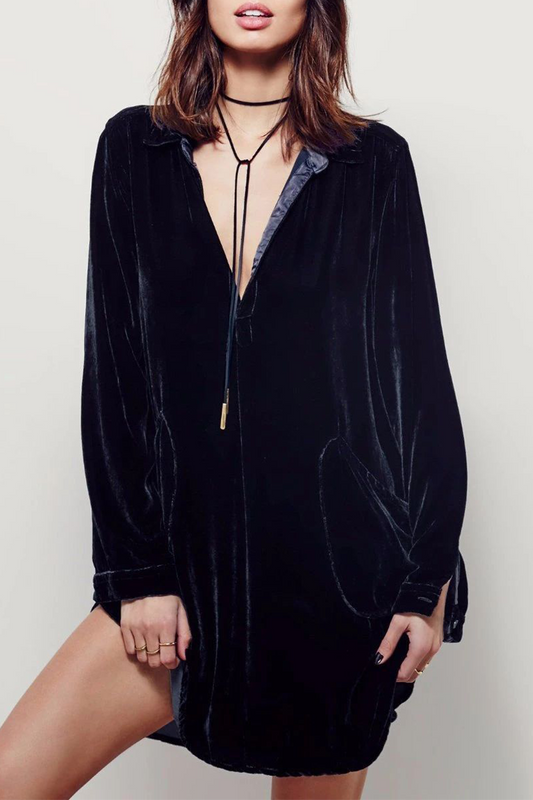 Vestido camisero informal de cuello vuelto con bolsillos y parches lisos (3 colores)