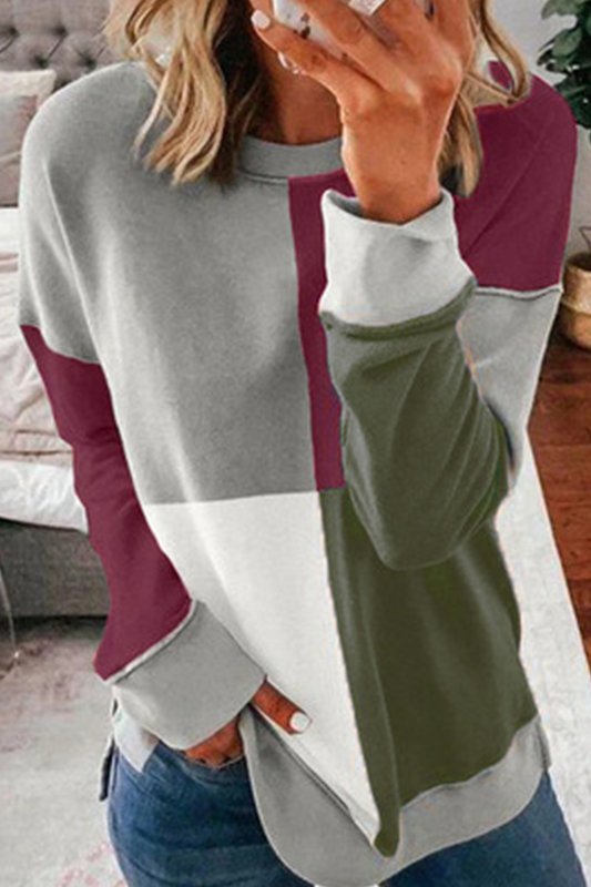 Tops casuales de cuello redondo con contraste de patchwork de colores (5 colores)