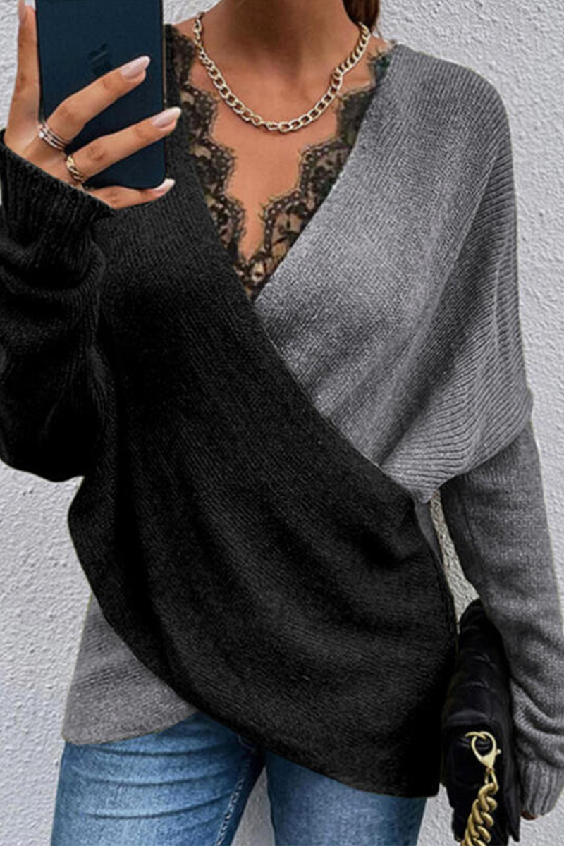 Suéteres casuales de cuello en V con contraste de encaje y patchwork (3 colores)
