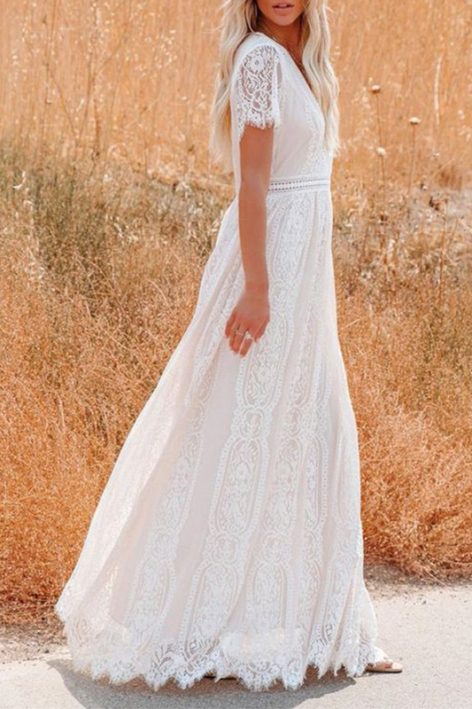 Vestidos elegantes de moda con encaje sólido y escote en V dividido en forma de A