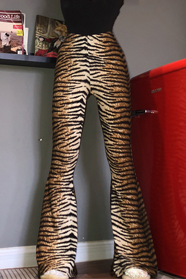 Pantalones de moda con estampado animal de leopardo y abertura en la parte de abajo, básicos, de corte a bota, de cintura alta y estampado completo